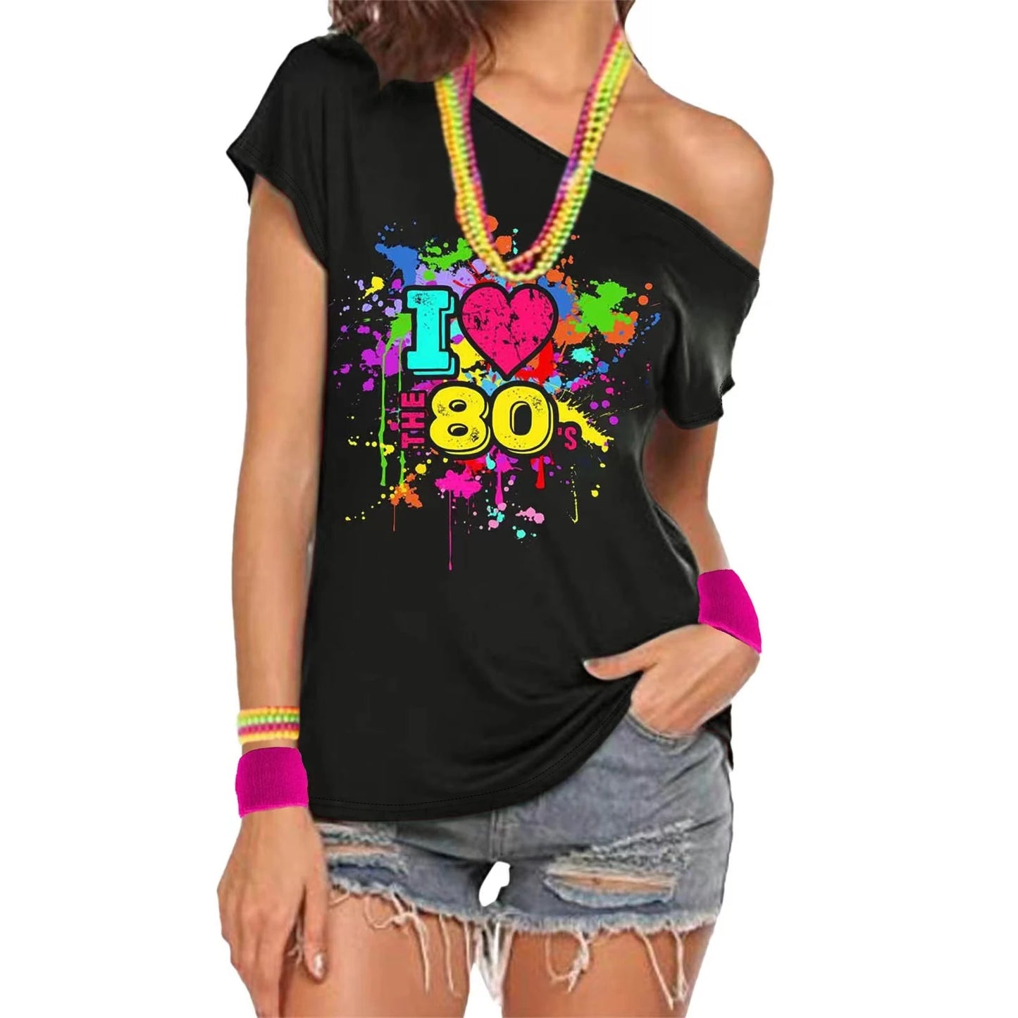 80s Costume Outfit for Woman Love off the Shoulder T Shirts Novelty Neon Top Clothes for Costume