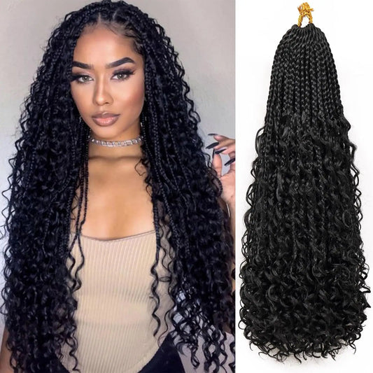 Synthetic Goddess Box Braids Crochet Hair With Curly Ends, Pre Looped Bohomian Crochet Box Braiding Hair Extensions for Women