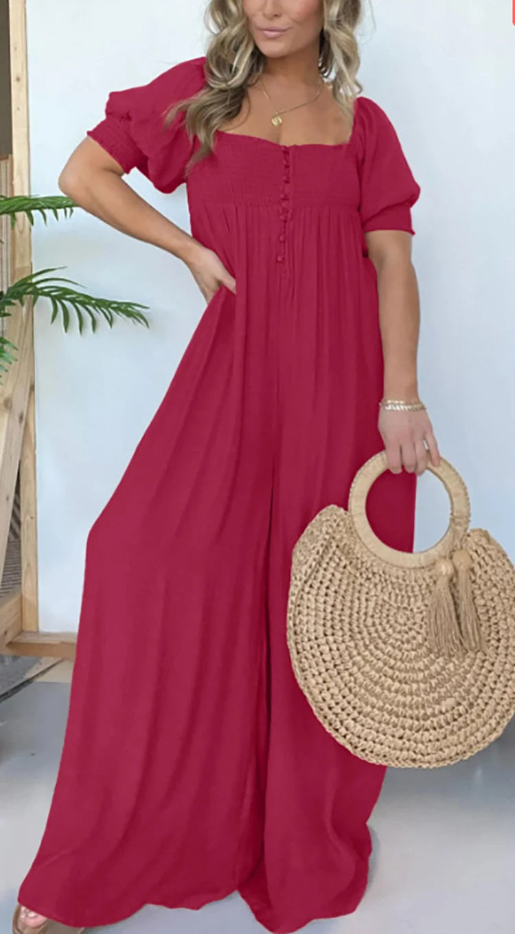 Women Solid Wide Leg Jumpsuits Lantern Sleeve Square Neck Overalls Spring Summer Short Sleeve Loose Boho Holiday Ladies Jumpsuit