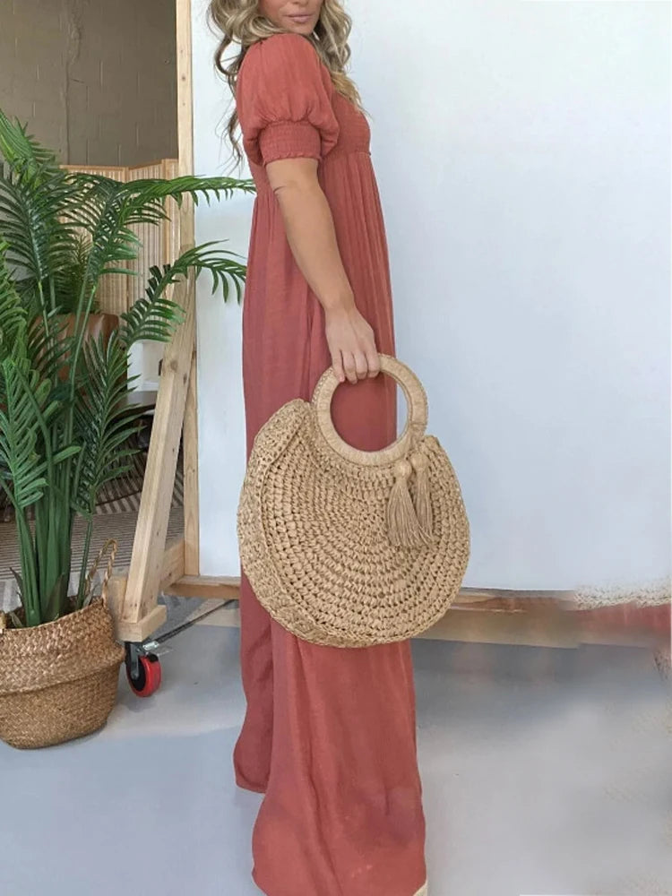 Women Solid Wide Leg Jumpsuits Lantern Sleeve Square Neck Overalls Spring Summer Short Sleeve Loose Boho Holiday Ladies Jumpsuit