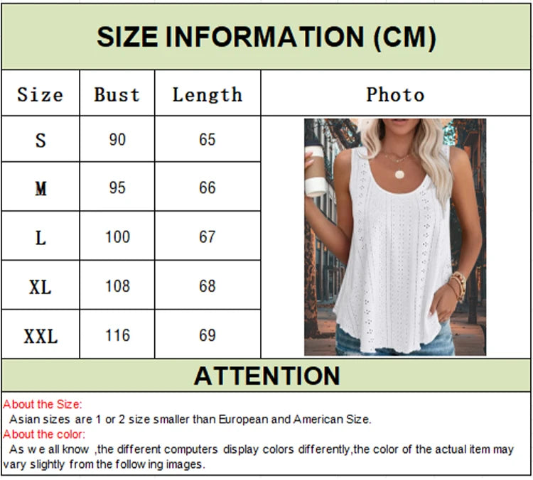 2024 Womens Tank Tops Summer Hollow Out Breathable U Neck Casual Vest Sleeveless Eyelet Embroidery Scoop Neck Loose T-Shirt