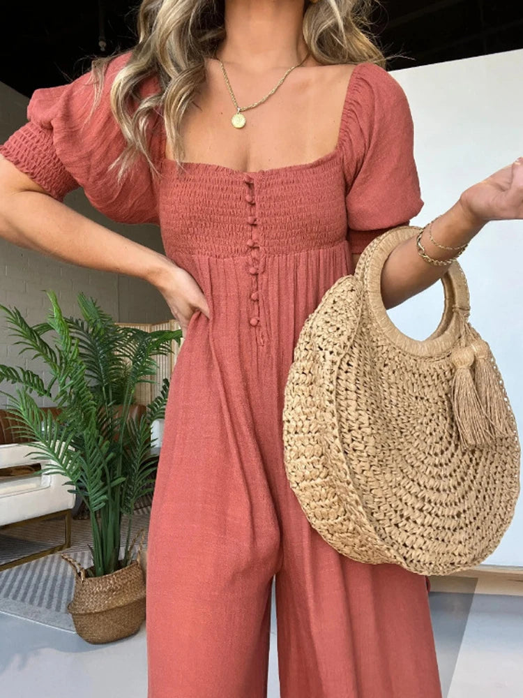 Women Solid Wide Leg Jumpsuits Lantern Sleeve Square Neck Overalls Spring Summer Short Sleeve Loose Boho Holiday Ladies Jumpsuit