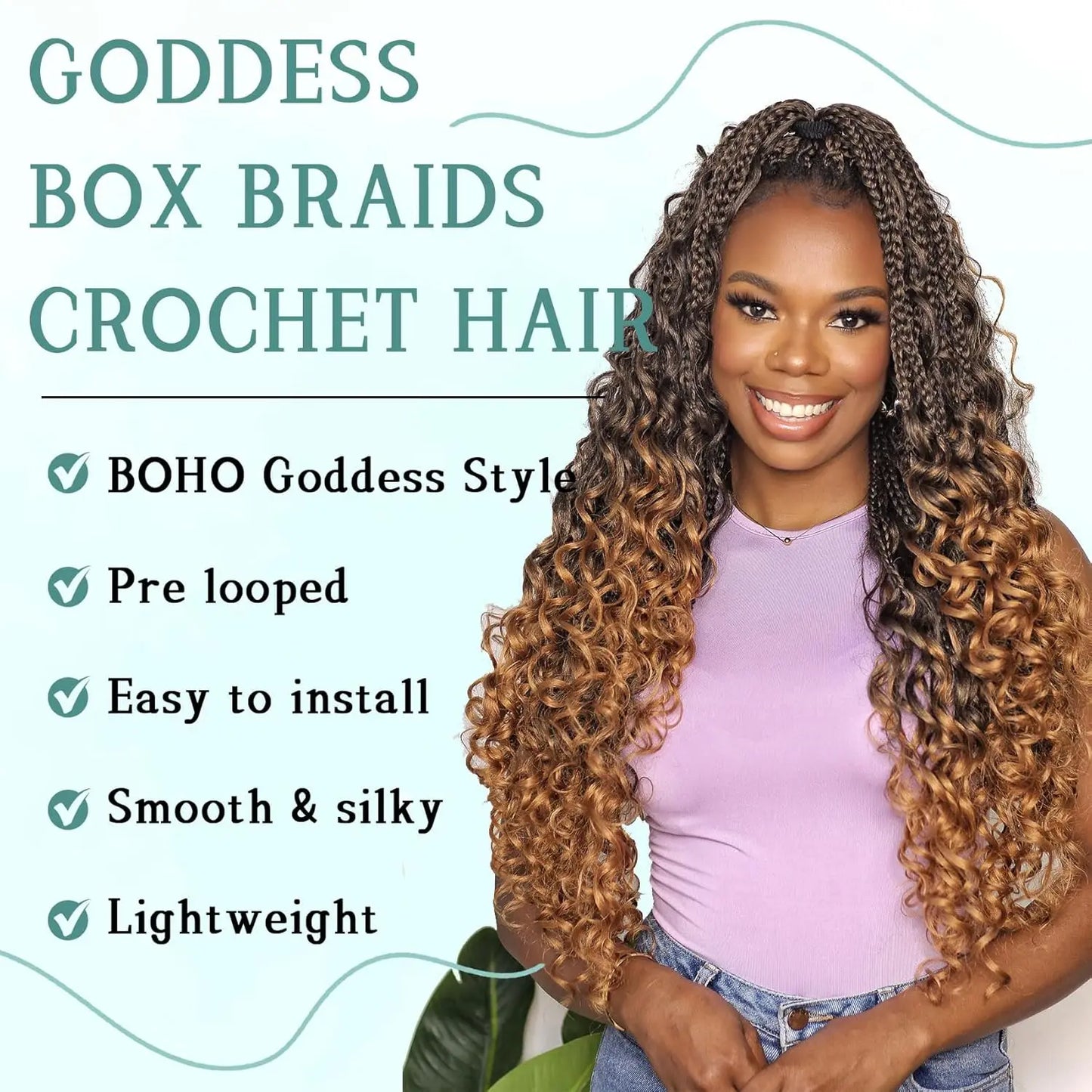 Synthetic Goddess Box Braids Crochet Hair With Curly Ends, Pre Looped Bohomian Crochet Box Braiding Hair Extensions for Women