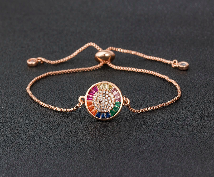AIBEF Hot Sale Fashion Lovely Heart Rainbow Adjustable Bracelet Bangle Cubic Zircon Chain Bracelet Women Jewelry Birthday Gifts