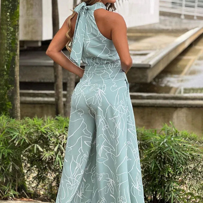 Summer women's geometric printed sleeveless pants with elegant temperament cinched waist tie up hanging neck style jumpsuit Viralgem Store