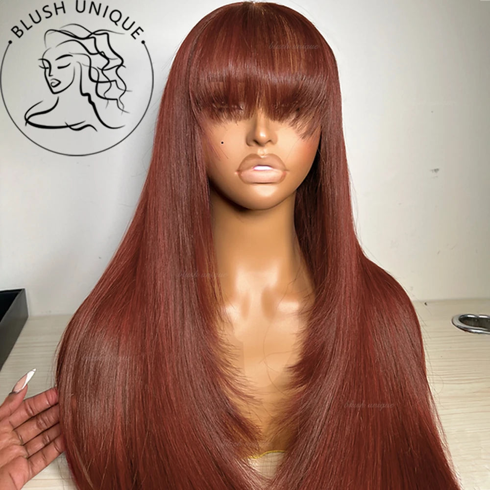 Straight Layered Cut Wigs with Bangs HD Lace Fake Scalp Synthetic Natural Layered Lace Wig For Women Glueless Heat Resistant Wig Viralgem Store