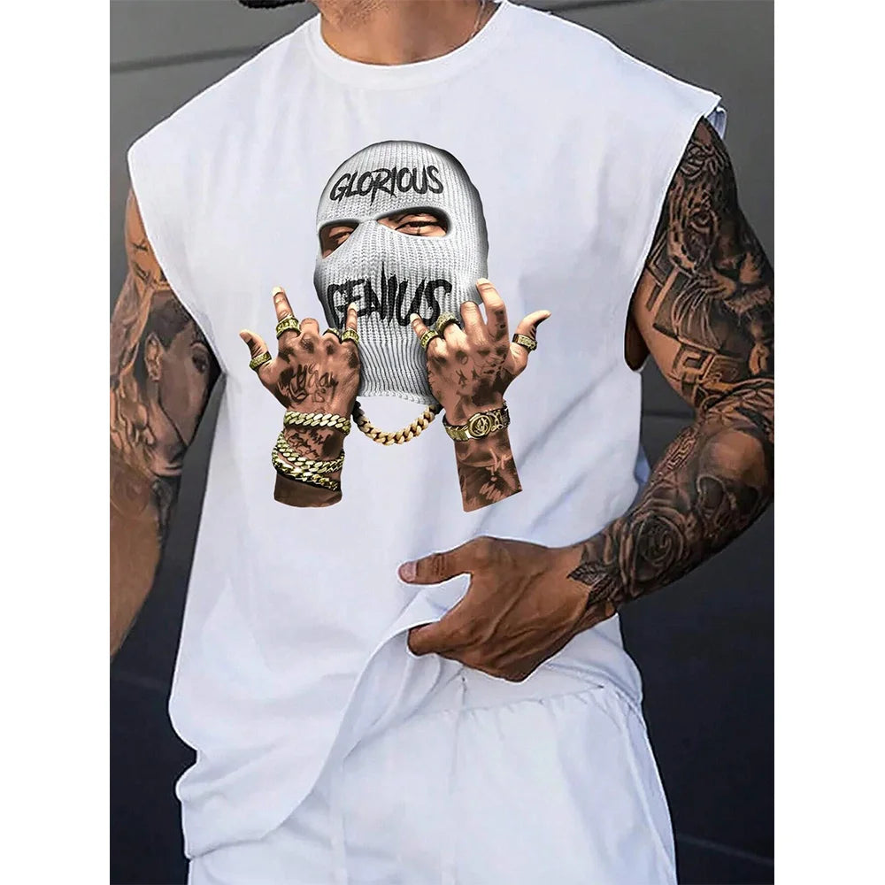 2024 New Funny Mask Men's Printed Men's Round Neck Vest Street Fashion Daily Sports Fitness Breathable Comfortable Vest Viralgem Store