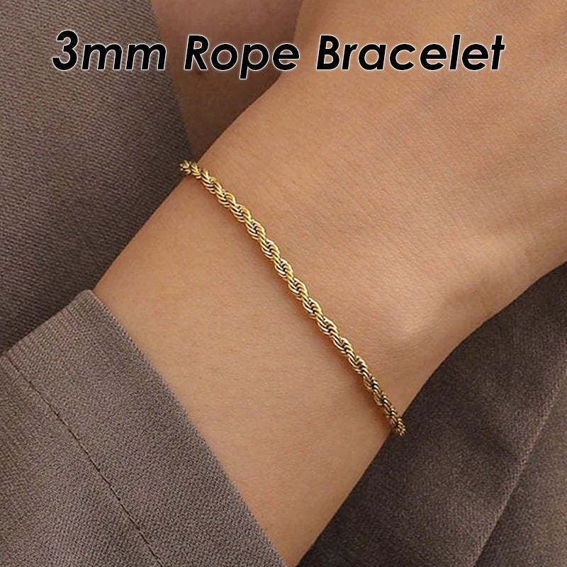 10 Pieces 3mm 5mm Rope Bracelet Stainless Steel Gold Color Rope Chain Bracelet for Men or Women