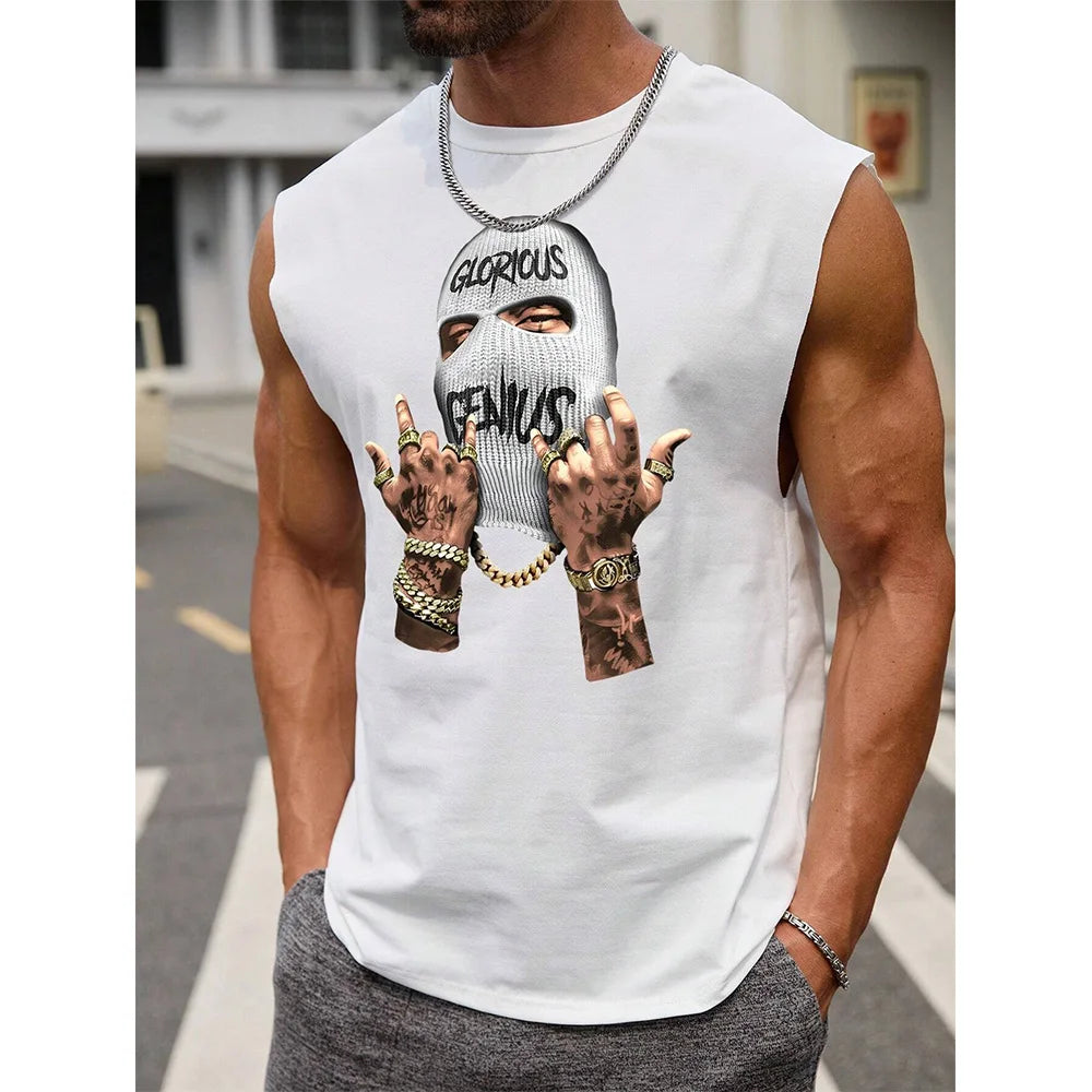 2024 New Funny Mask Men's Printed Men's Round Neck Vest Street Fashion Daily Sports Fitness Breathable Comfortable Vest Viralgem Store