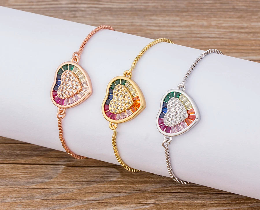 AIBEF Hot Sale Fashion Lovely Heart Rainbow Adjustable Bracelet Bangle Cubic Zircon Chain Bracelet Women Jewelry Birthday Gifts