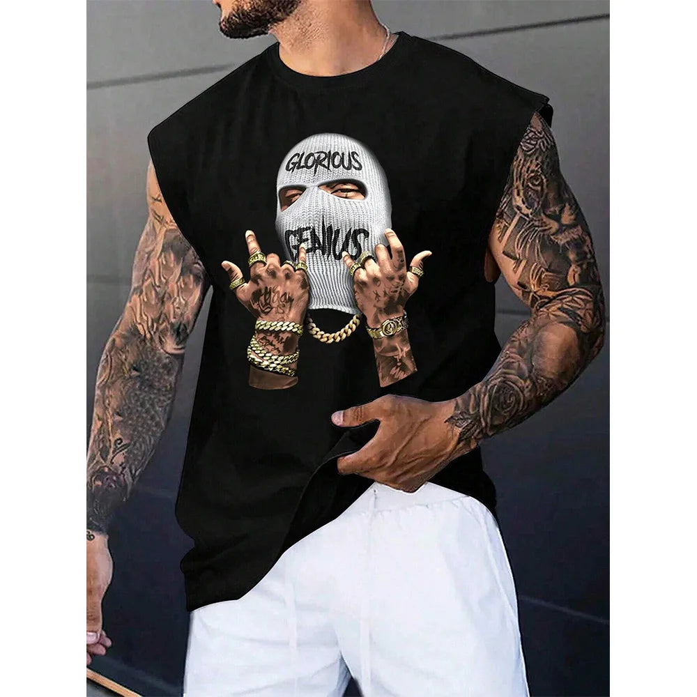 2024 New Funny Mask Men's Printed Men's Round Neck Vest Street Fashion Daily Sports Fitness Breathable Comfortable Vest Viralgem Store