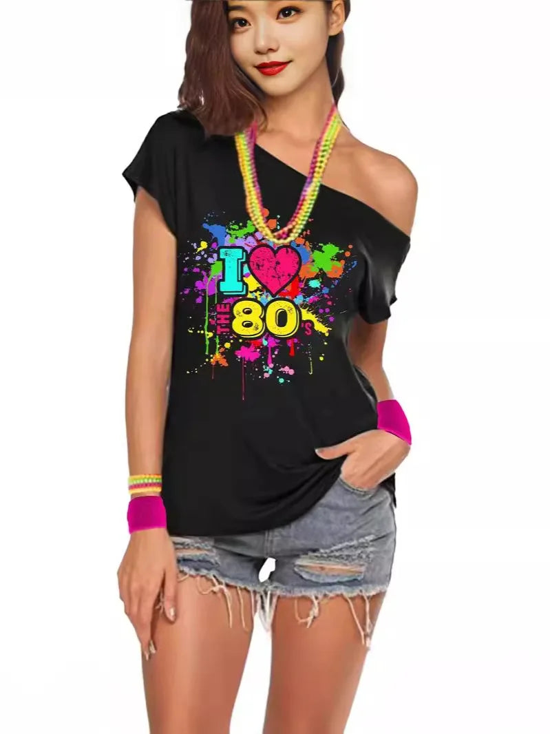 80s Costume Outfit for Woman Love off the Shoulder T Shirts Novelty Neon Top Clothes for Costume