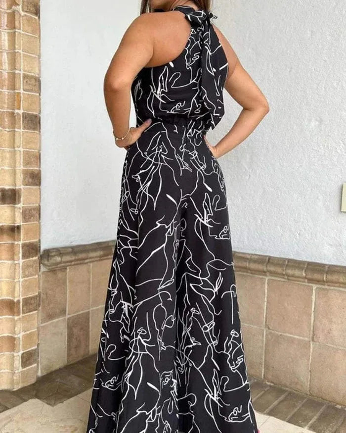 Summer women's geometric printed sleeveless pants with elegant temperament cinched waist tie up hanging neck style jumpsuit Viralgem Store