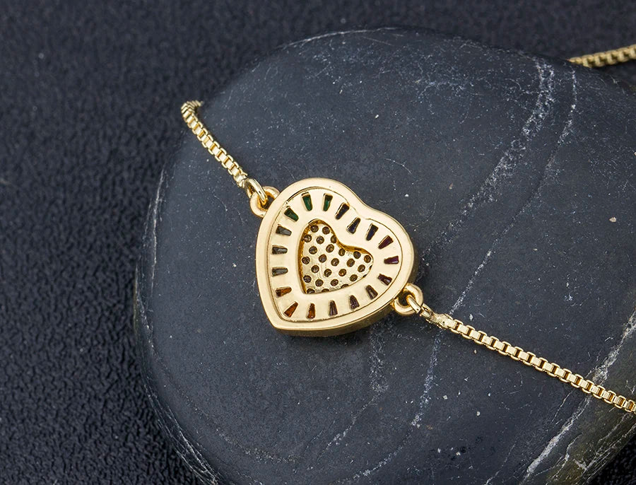 AIBEF Hot Sale Fashion Lovely Heart Rainbow Adjustable Bracelet Bangle Cubic Zircon Chain Bracelet Women Jewelry Birthday Gifts