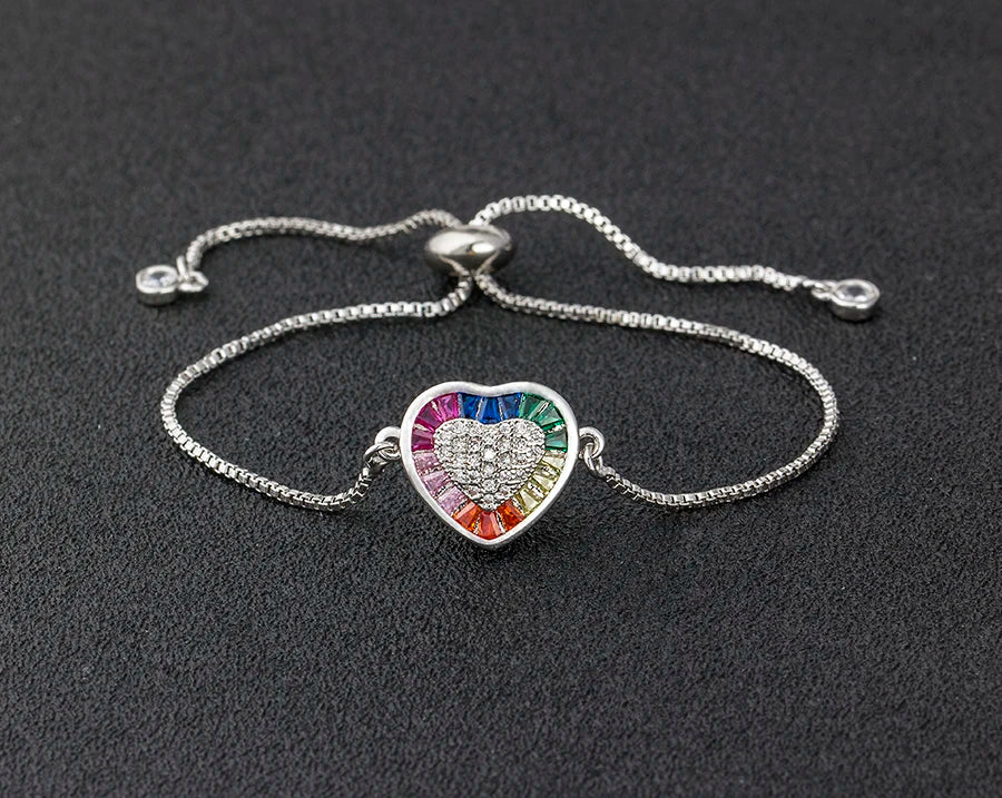 AIBEF Hot Sale Fashion Lovely Heart Rainbow Adjustable Bracelet Bangle Cubic Zircon Chain Bracelet Women Jewelry Birthday Gifts