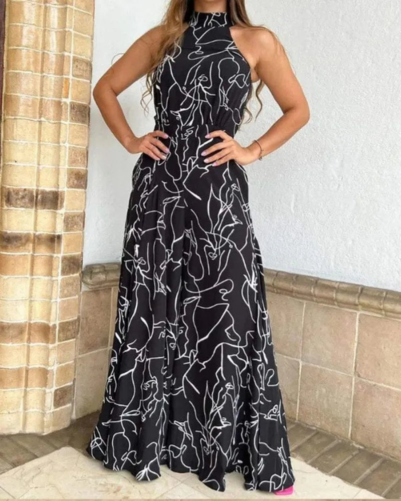 Summer women's geometric printed sleeveless pants with elegant temperament cinched waist tie up hanging neck style jumpsuit Viralgem Store