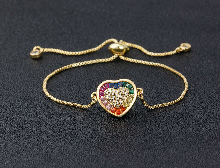 AIBEF Hot Sale Fashion Lovely Heart Rainbow Adjustable Bracelet Bangle Cubic Zircon Chain Bracelet Women Jewelry Birthday Gifts