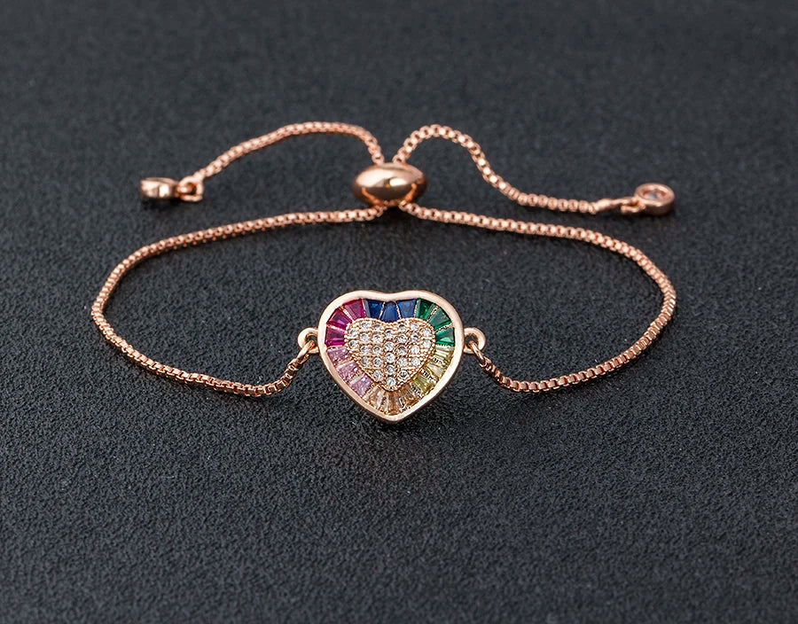 AIBEF Hot Sale Fashion Lovely Heart Rainbow Adjustable Bracelet Bangle Cubic Zircon Chain Bracelet Women Jewelry Birthday Gifts