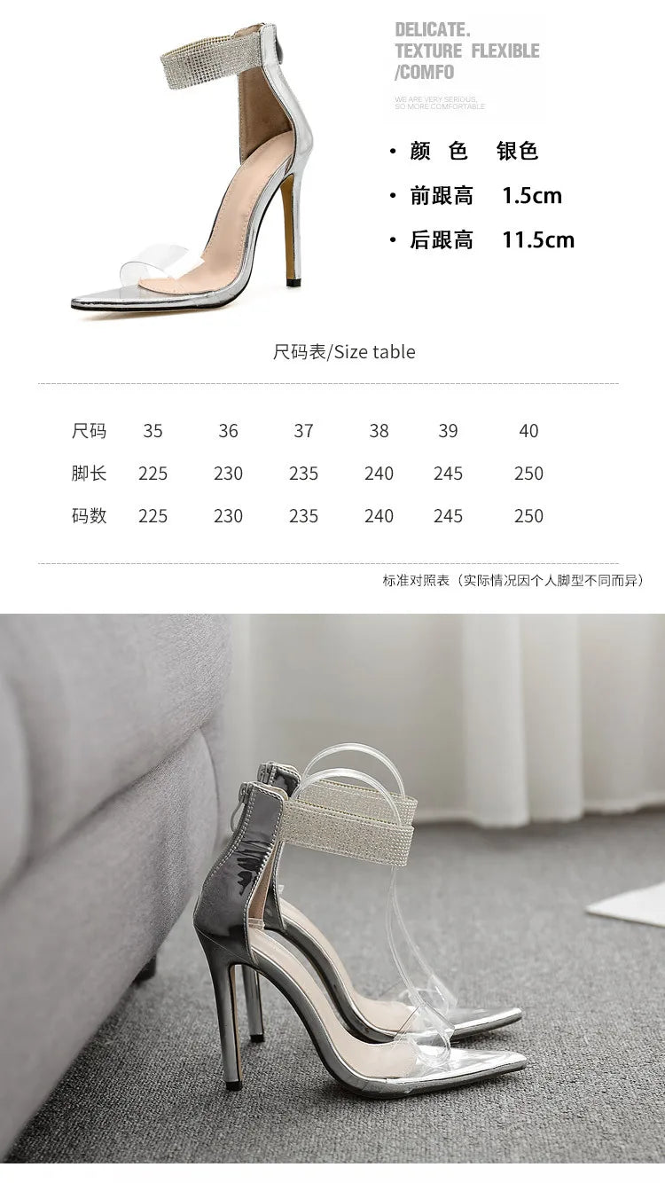 Summer New Crystal Ankle Strap Sandals Women Sexy Open Toe PVC Zipper Thin High Heels Sandals Female Wedding Shoes 2020
