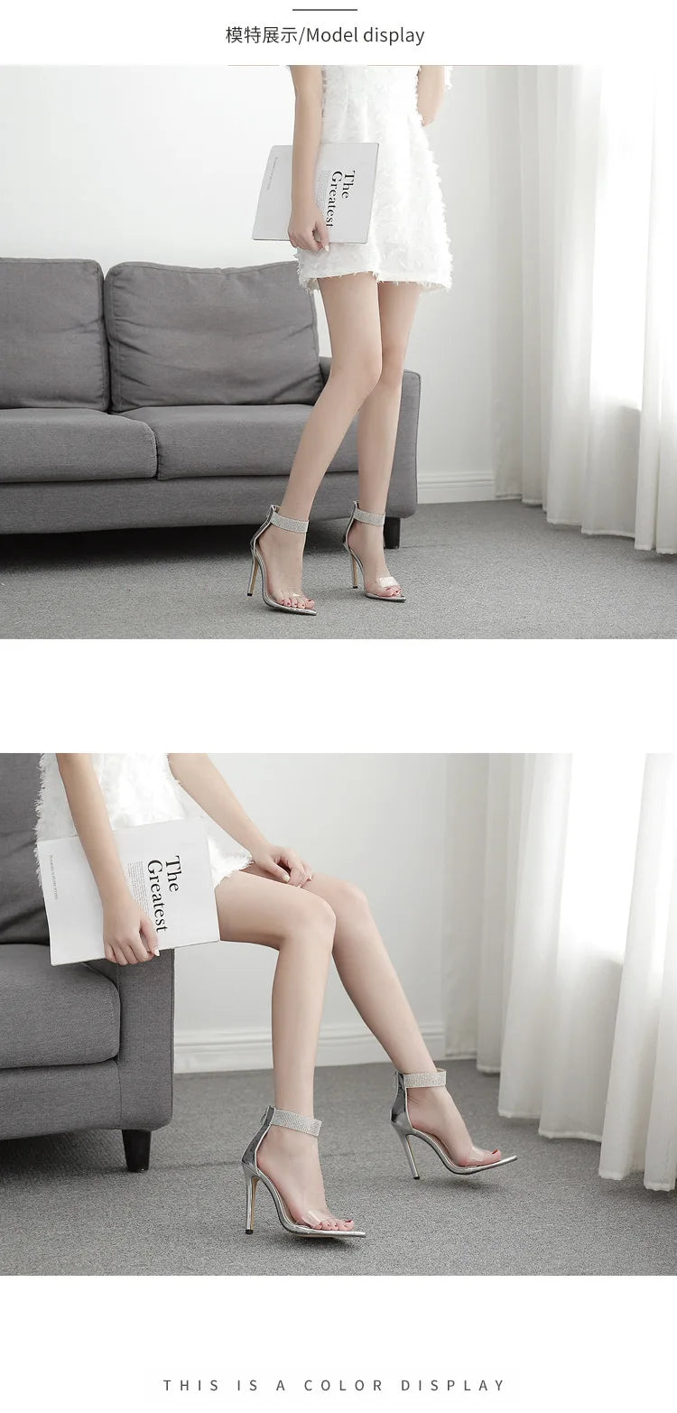 Summer New Crystal Ankle Strap Sandals Women Sexy Open Toe PVC Zipper Thin High Heels Sandals Female Wedding Shoes 2020