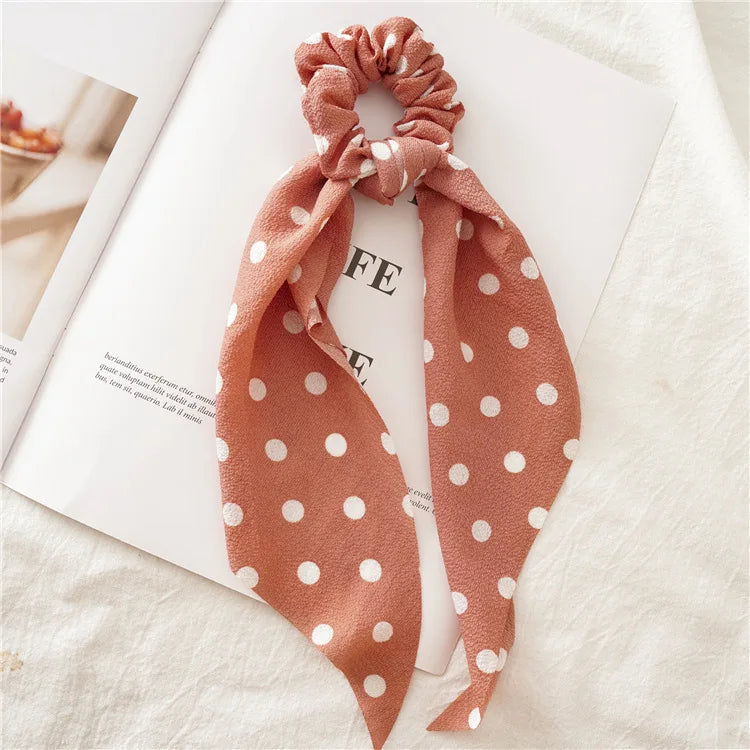 2020 Women Streamers Scrunchies Polka Dot Print Elastic Bow Hair Rope Girl Hair Ties Korean Sweet Hair Accessories Headwear Viralgem Store