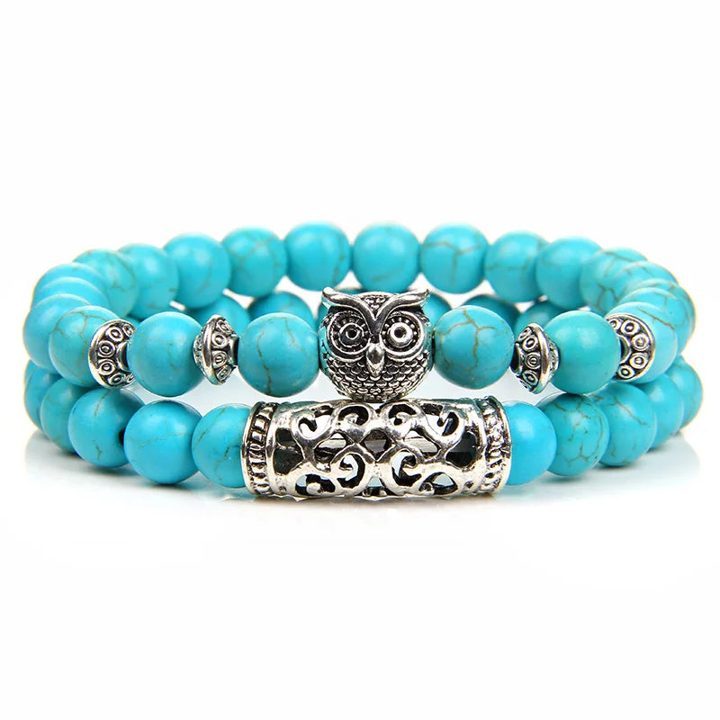2Pcs/set Classic Owl Charm Bracelet Natural Stone Tiger Eye Lava Aquamarine Pink Zebra Bracelets Set For Women Men Yoga Jewelry
