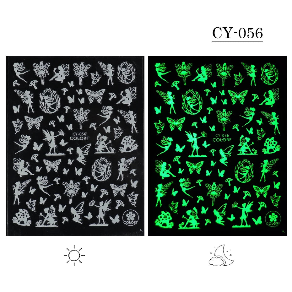 1pcs 3D Luminous Nail Stickers Flame Butterfly Star Moon Glitter Design Glow in The Dark Slider Manicure Decorations JICY028-036