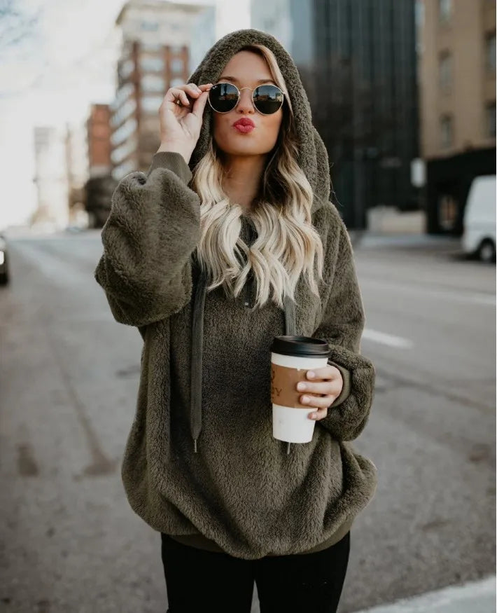 Women's Long-Sleeved Hooded Sweater, Monochromatic Coat, Fashion Trend