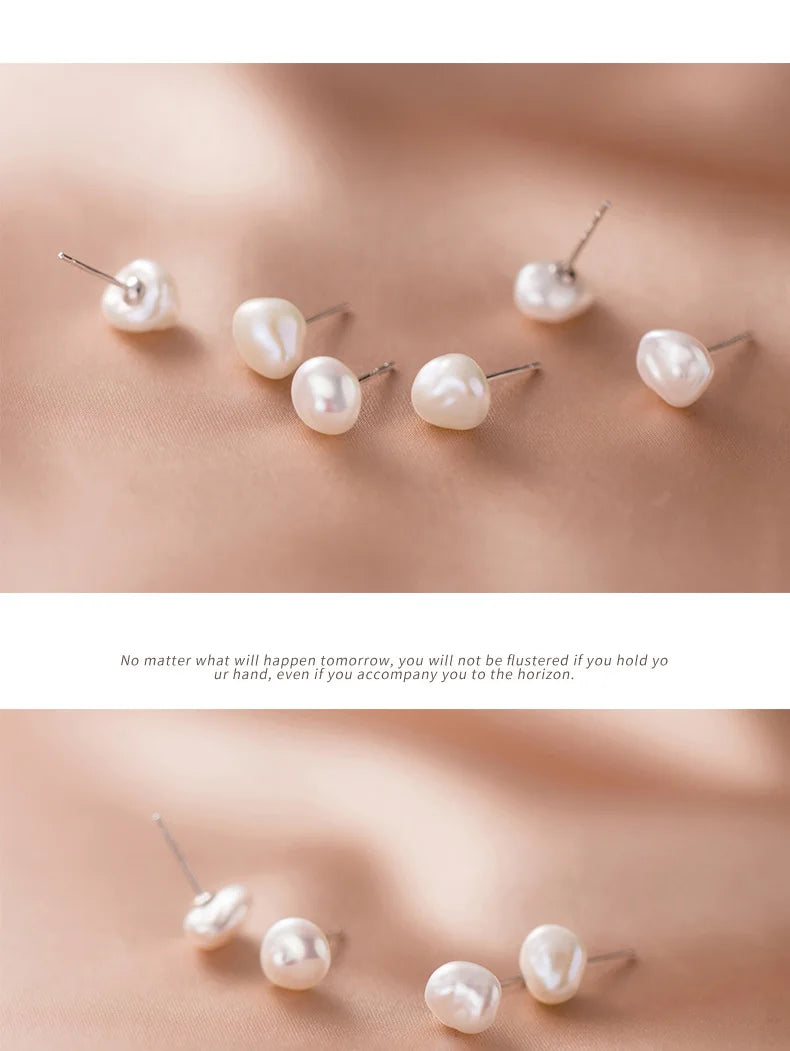 Trustdavis Authentic 925 Sterling Silver Sweet Irregular Baroque Pearl Stud Earrings For Women Wedding Party FIne Jewelry DA1224