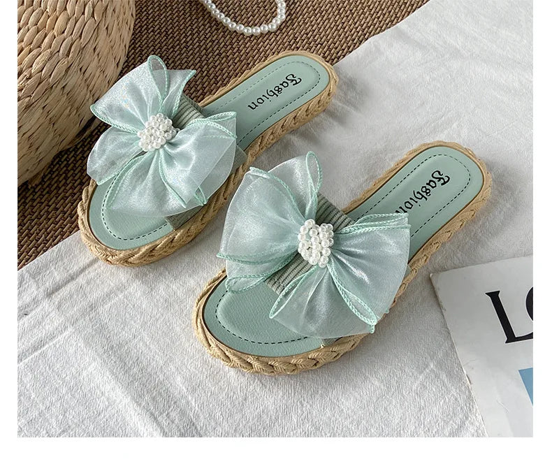 Women Summer Slippers Online Celebrity Slippers Ins New Joker Korean Fairy Wind Mesh Bow Word Drag Breathable Wear-resistant