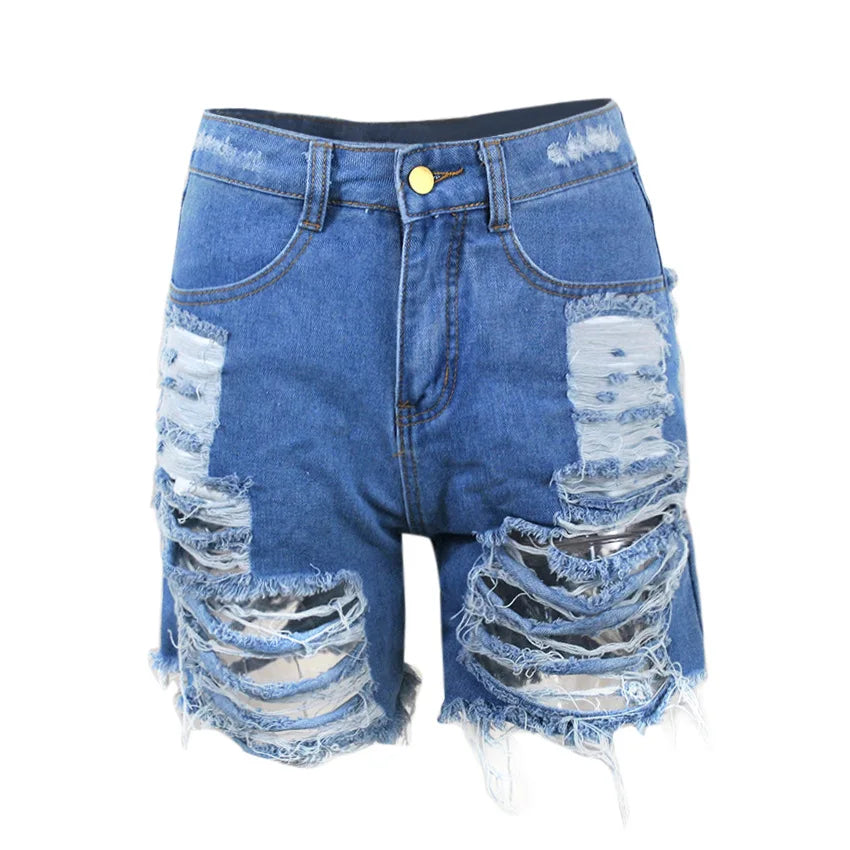 Waterarea S-5XL Women Summer High Waist Zipper Fly Hollow Out Sexy Hole Denim Shorts Casual Tassel Hem Short Jeans