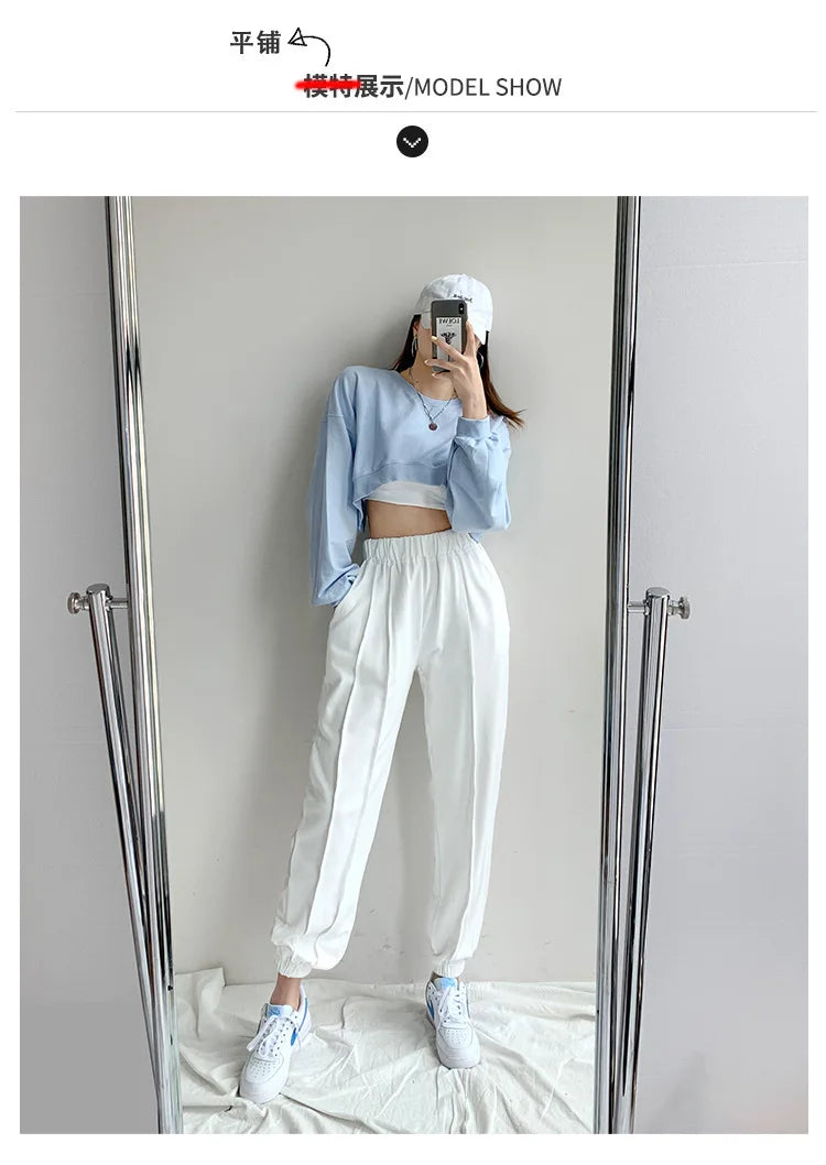 Women Short Sweatshirts Autumn Ladies Korean O-Neck Long Sleeve Solid Color Bare Navel Cropped Loose Pullover Top