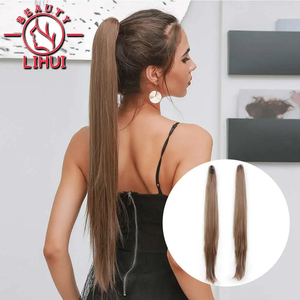22" Synthetic Women Claw on Ponytail Clip in Hair Extensions Straight Style Pony Tail Hairpiece Ombre Brown Blonde Viralgem Store