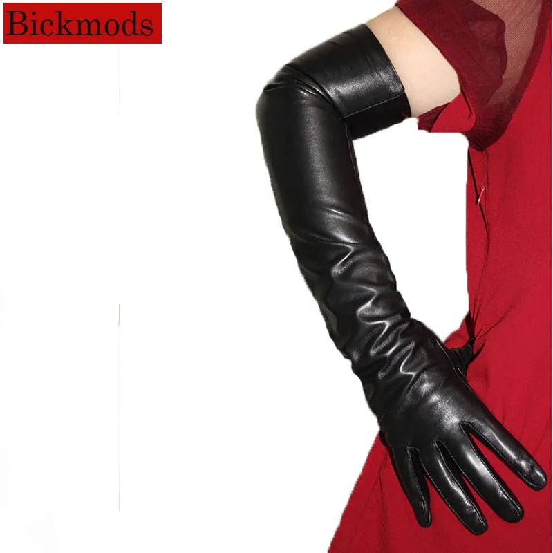 Touch Screen Extra Long Leather Sheepskin Gloves Women's Black Fashion Simple Straight Style Velvet Lining Winter Warm Sleeve