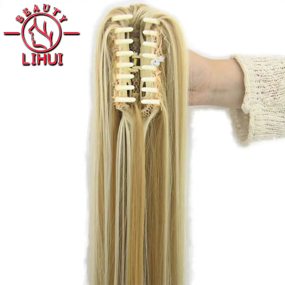 22" Synthetic Women Claw on Ponytail Clip in Hair Extensions Straight Style Pony Tail Hairpiece Ombre Brown Blonde Viralgem Store