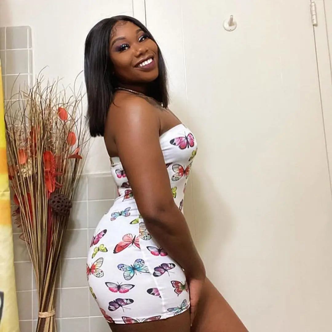 Summer Sexy Off Shoulder Butterfly Print Romper Women Fashion Slim Short Jumpsuit Rompers Sleeveless Bodysuit Strapless Romper