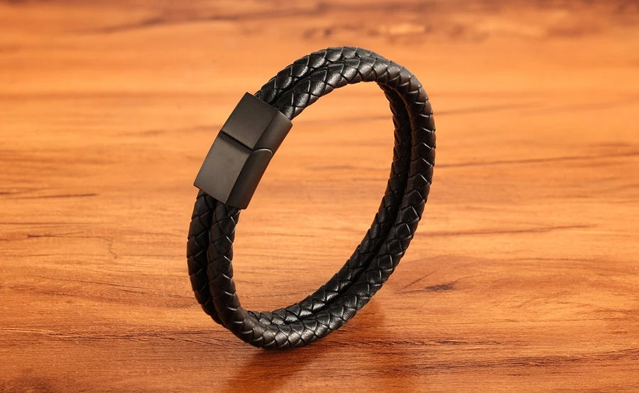 XQNI 11.11 Double Leather Combination Men's Stainless Steel Bracelet Three Color Button Selection Fashion Gift For Men Jewelry