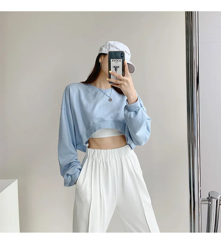 Women Short Sweatshirts Autumn Ladies Korean O-Neck Long Sleeve Solid Color Bare Navel Cropped Loose Pullover Top