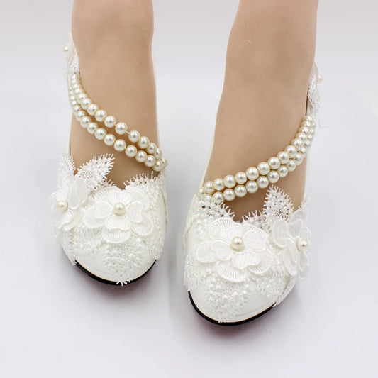 Spring and summer new high-heeled women's shoes white bridal shoes elastic beads flowers handmade wedding shoes made in China Viralgem Store