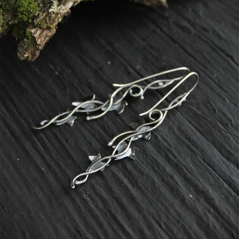 Woodland Earrings Witch Mushroom Elven Forest Leaf Earrings Nature Botanical Jewelry Silver Wire Wrapped