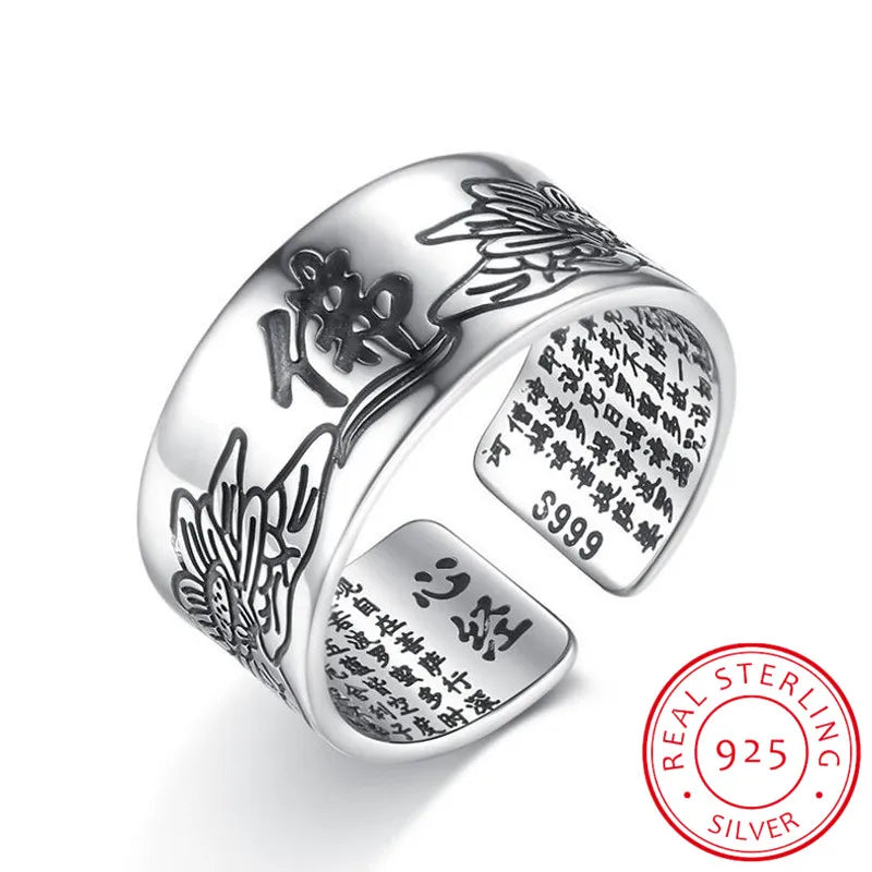 925 Sterling Silver Jewelry Vintage Amulet Buddha Lotus Baltic Buddhist Scriptures Opening Rings For Men Women S-R90