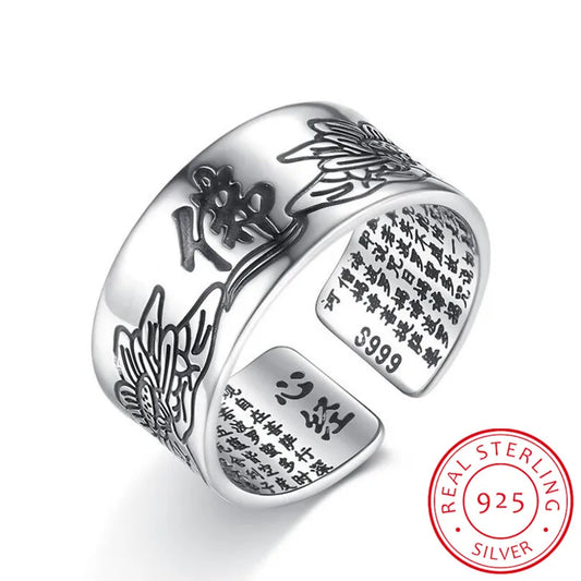 925 Sterling Silver Jewelry Vintage Amulet Buddha Lotus Baltic Buddhist Scriptures Opening Rings For Men Women S-R90