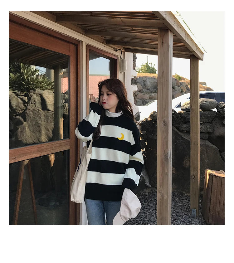 Women's Sweaters Kawaii Ulzzang College Candy Color Stripes Moon Sets Embroidery Sweater Female Harajuku Clothing For Women