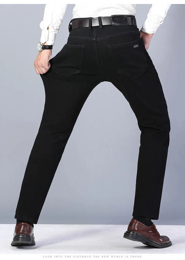 2025 Winter Warm Denim Casual  Fleece  Jeans Men Elasticity  Slim Fit Stretch Thick Velvet Pants Black Grey Blue Jeans