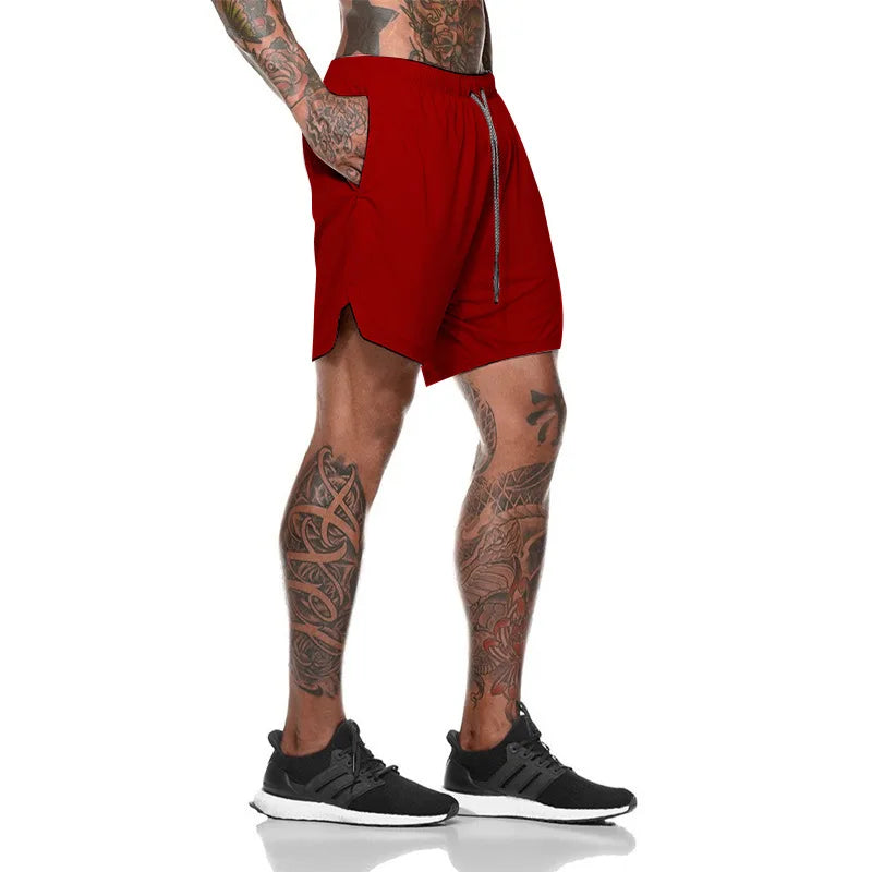 2024 European Men's Sports Summer New Double Layer Mobile Phone Pants Gym Exercise Jogging Training Shorts