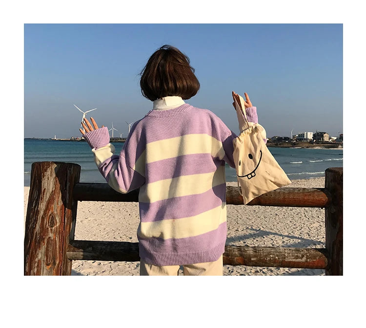 Women's Sweaters Kawaii Ulzzang College Candy Color Stripes Moon Sets Embroidery Sweater Female Harajuku Clothing For Women