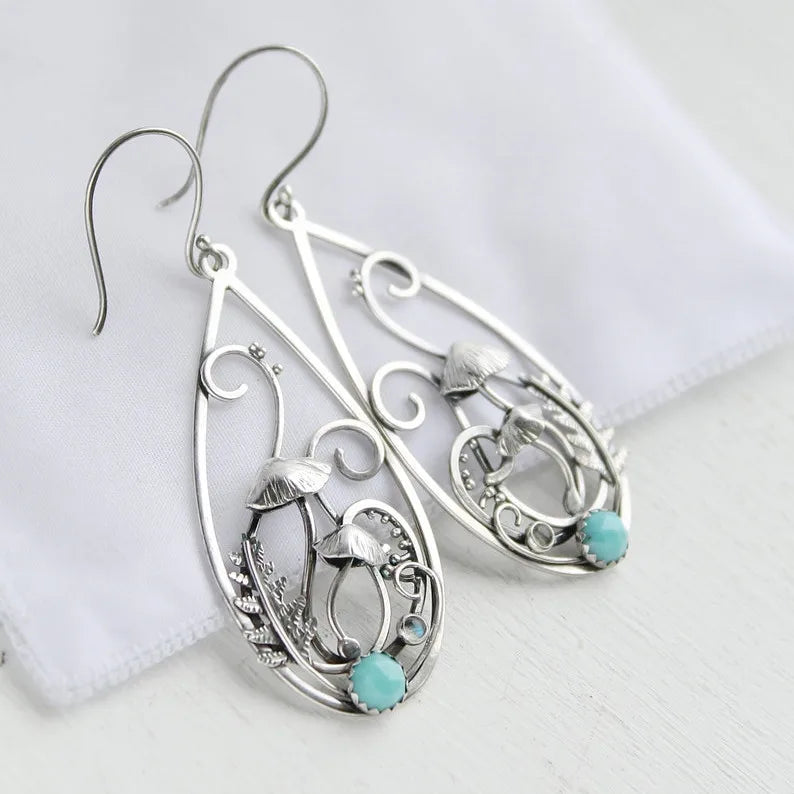 Woodland Earrings Witch Mushroom Elven Forest Leaf Earrings Nature Botanical Jewelry Silver Wire Wrapped