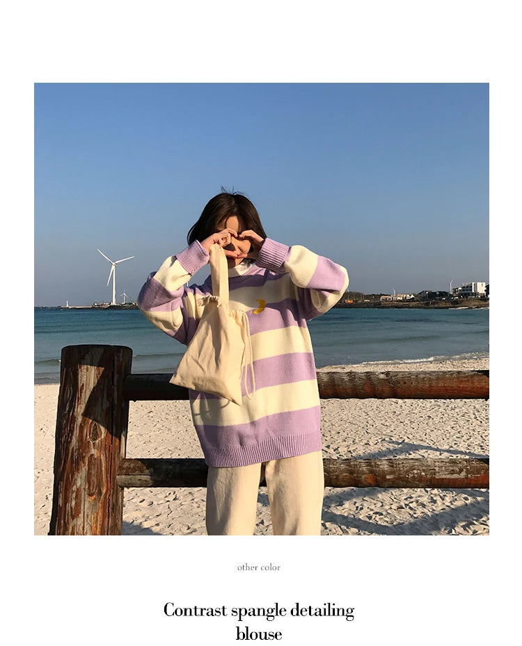 Women's Sweaters Kawaii Ulzzang College Candy Color Stripes Moon Sets Embroidery Sweater Female Harajuku Clothing For Women