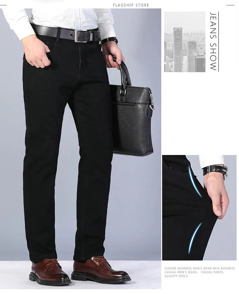2025 Winter Warm Denim Casual  Fleece  Jeans Men Elasticity  Slim Fit Stretch Thick Velvet Pants Black Grey Blue Jeans