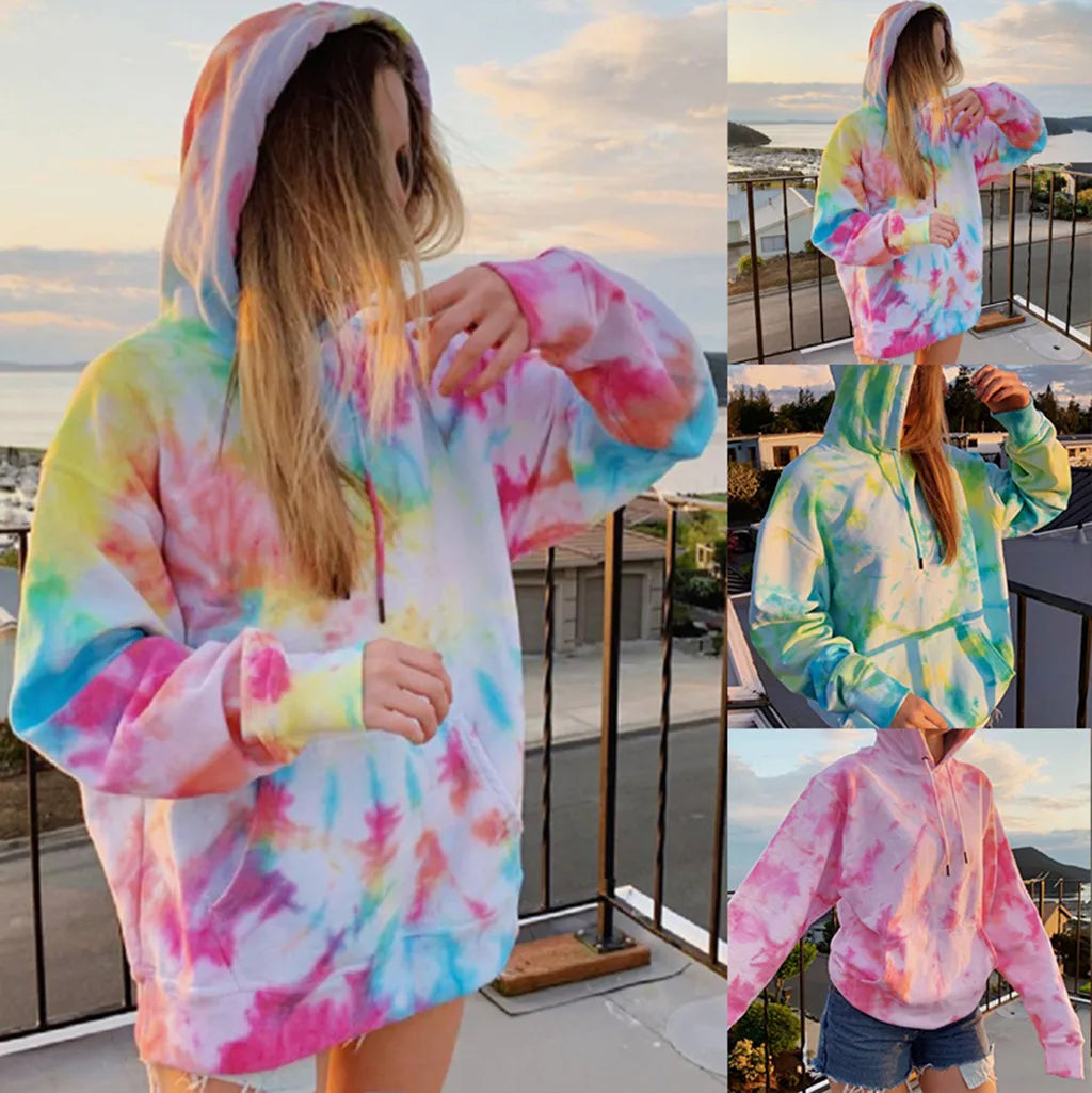 Streetwear Womens Hooded Sweatshirts Oversized Tie Dye Printed Pullover Casual Winter Long Sleeve Blouse Korean O-Neck Sudaderas